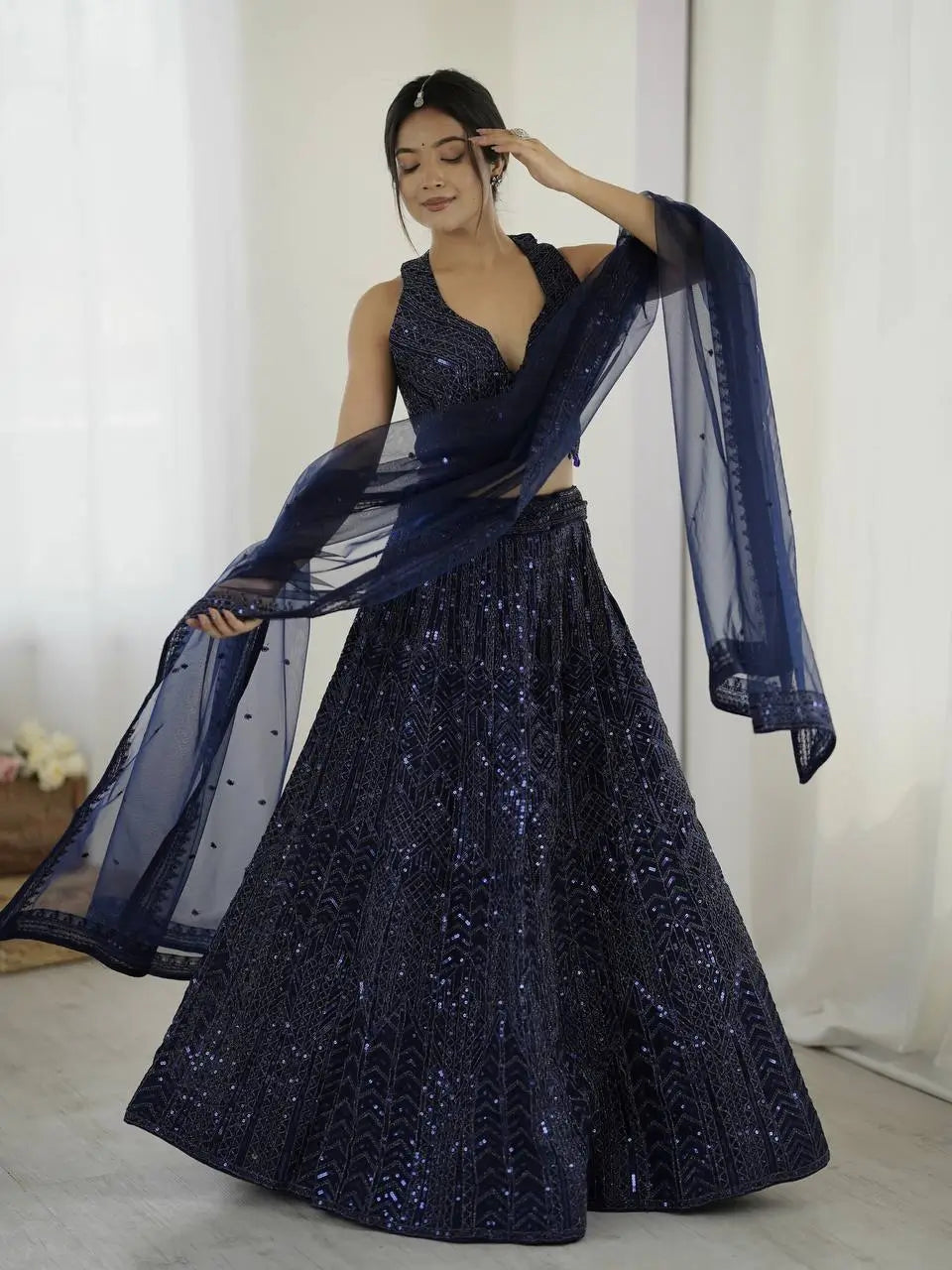 Navy Blue Net Lehenga Choli With Sequins & Dori Work