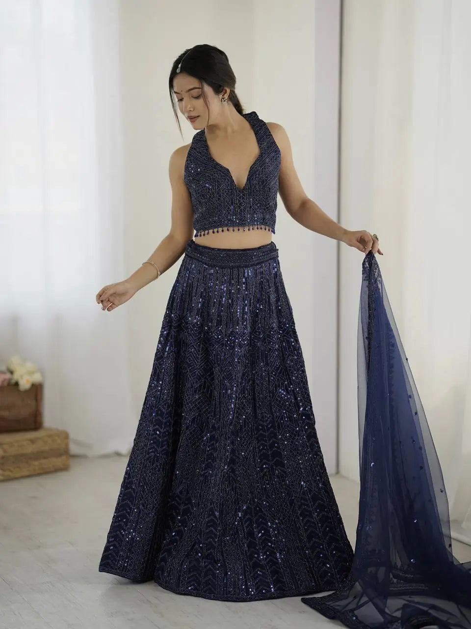 Navy Blue Net Lehenga Choli With Sequins & Dori Work