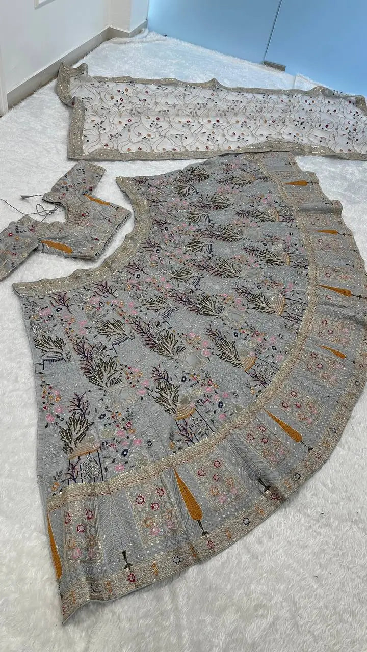 Powder Grey Kasturi Silk Embroidery Lehenga Choli