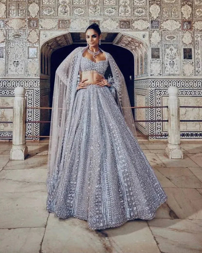 Glittery Grey Shimmer Silk Lehenga Choli With Sequins & Dori Work