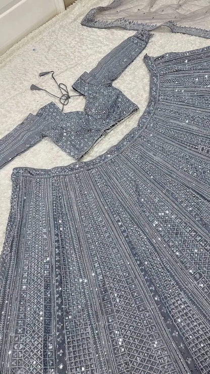 Glittery Grey Shimmer Silk Lehenga Choli With Sequins & Dori Work