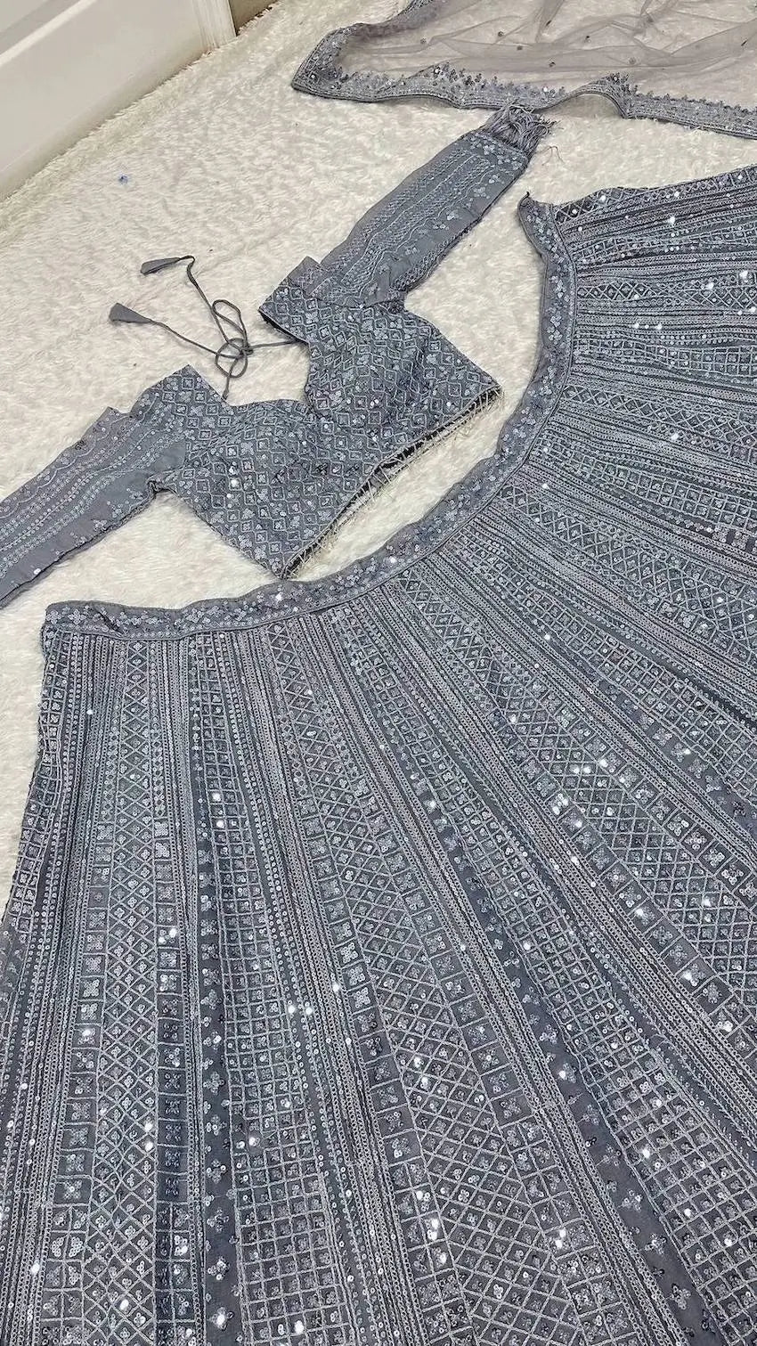 Glittery Grey Shimmer Silk Lehenga Choli With Sequins & Dori Work