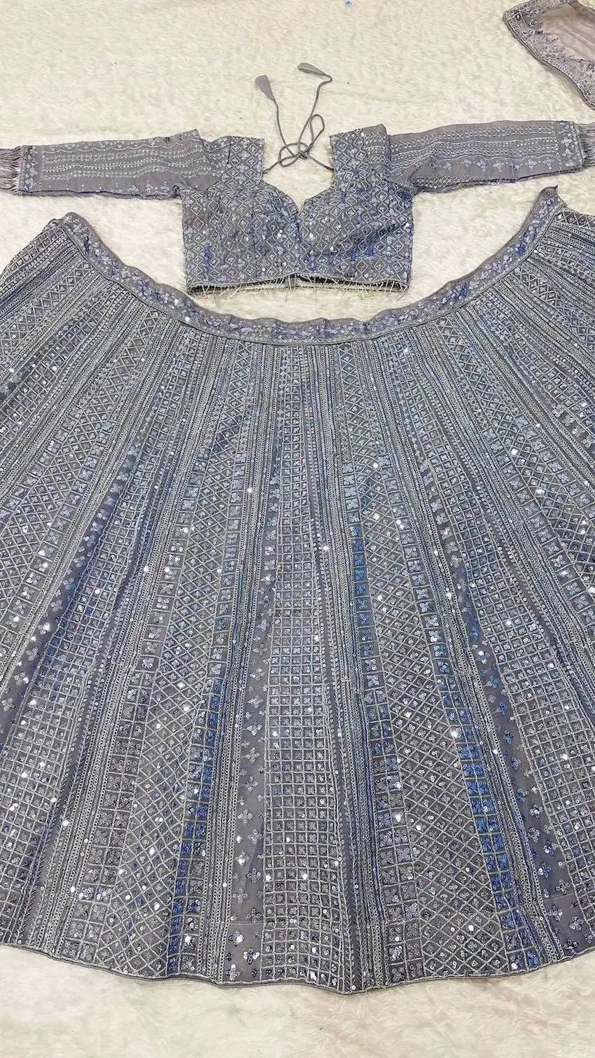 Glittery Grey Shimmer Silk Lehenga Choli With Sequins & Dori Work