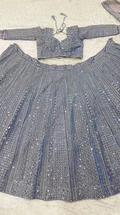 Glittery Grey Shimmer Silk Lehenga Choli With Sequins & Dori Work