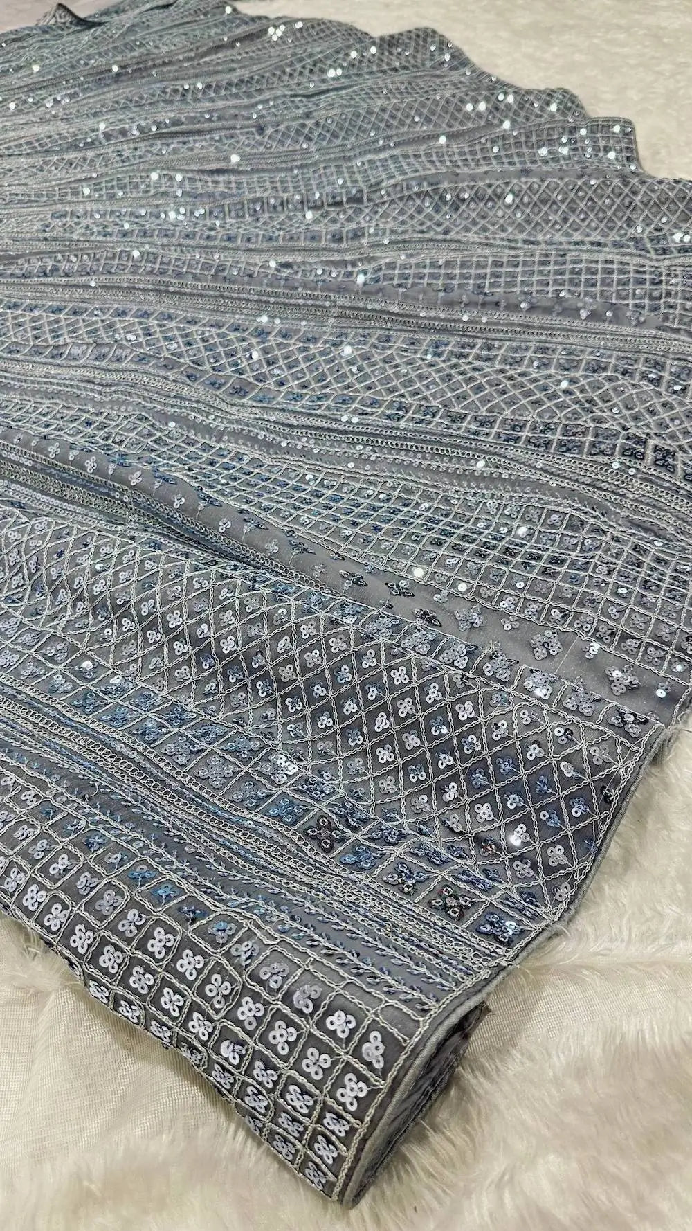 Glittery Grey Shimmer Silk Lehenga Choli With Sequins & Dori Work