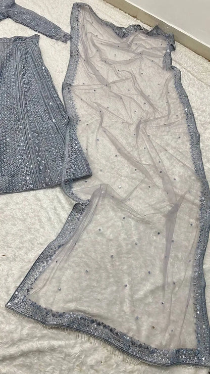 Glittery Grey Shimmer Silk Lehenga Choli With Sequins & Dori Work