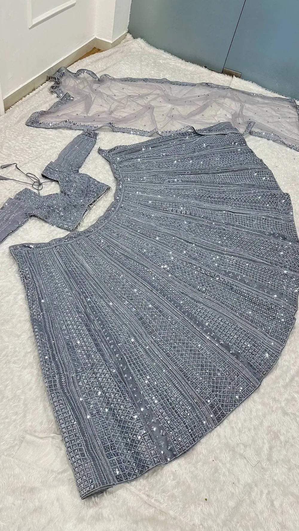Glittery Grey Shimmer Silk Lehenga Choli With Sequins & Dori Work