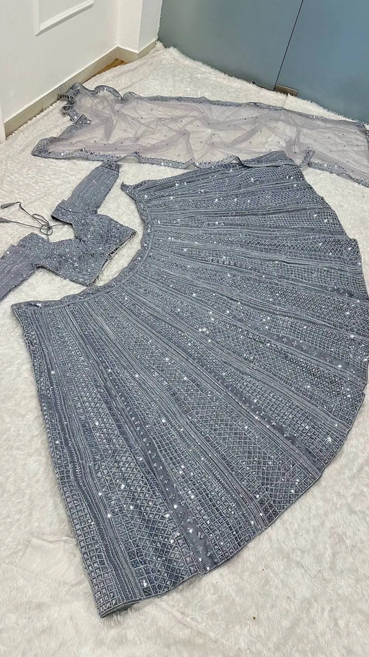 Glittery Grey Shimmer Silk Lehenga Choli With Sequins & Dori Work