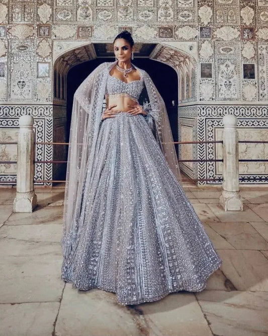 Glittery Grey Shimmer Silk Lehenga Choli With Sequins & Dori Work