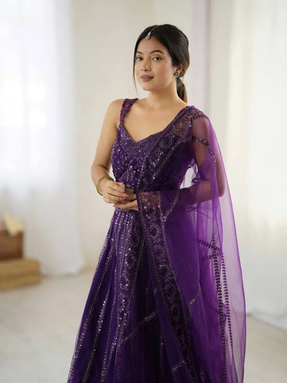 Dark Purple Net Lehenga Choli With Sequins & Dori Work