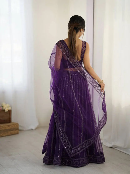 Dark Purple Net Lehenga Choli With Sequins & Dori Work