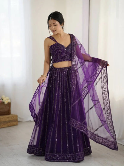 Dark Purple Net Lehenga Choli With Sequins & Dori Work