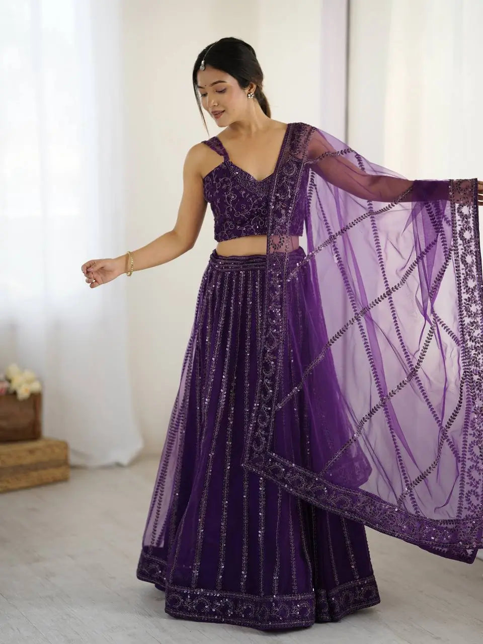 Dark Purple Net Lehenga Choli With Sequins & Dori Work