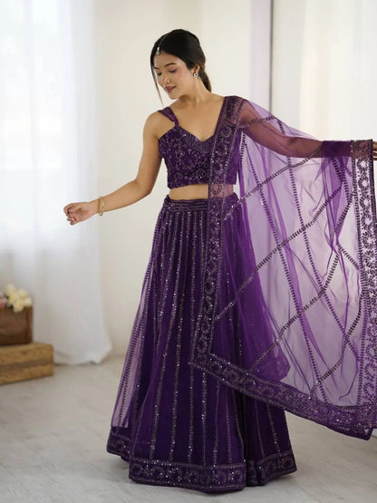 Dark Purple Net Lehenga Choli With Sequins & Dori Work