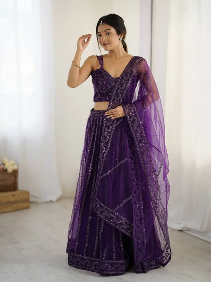 Dark Purple Net Lehenga Choli With Sequins & Dori Work