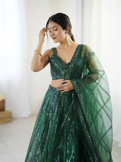 Sparkly Green Net Lehenga Choli With Sequins & Dori Work