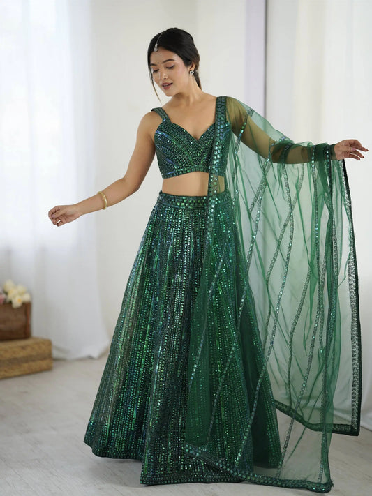 Sparkly Green Net Lehenga Choli With Sequins & Dori Work