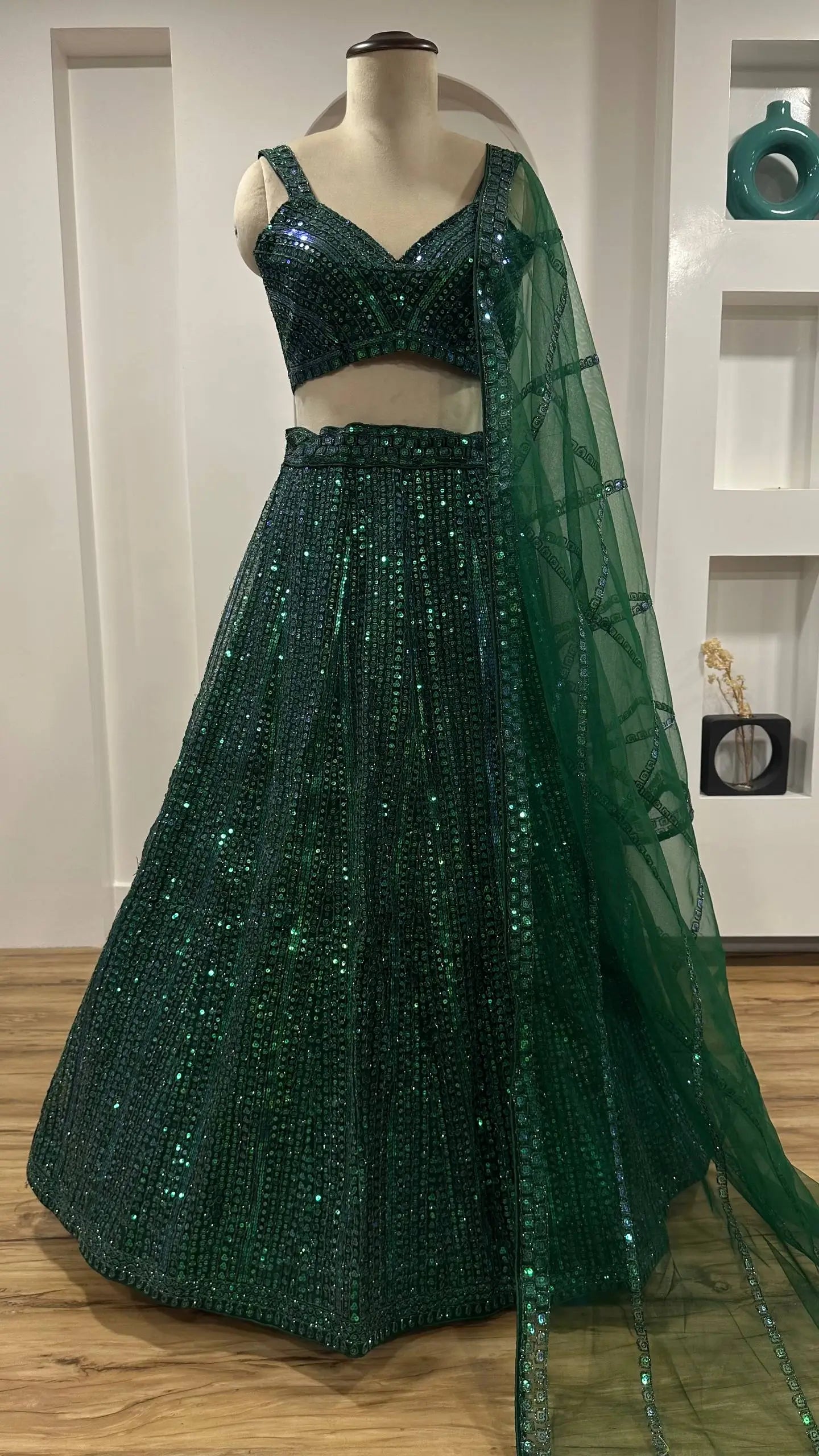 Sparkly Green Net Lehenga Choli With Sequins & Dori Work