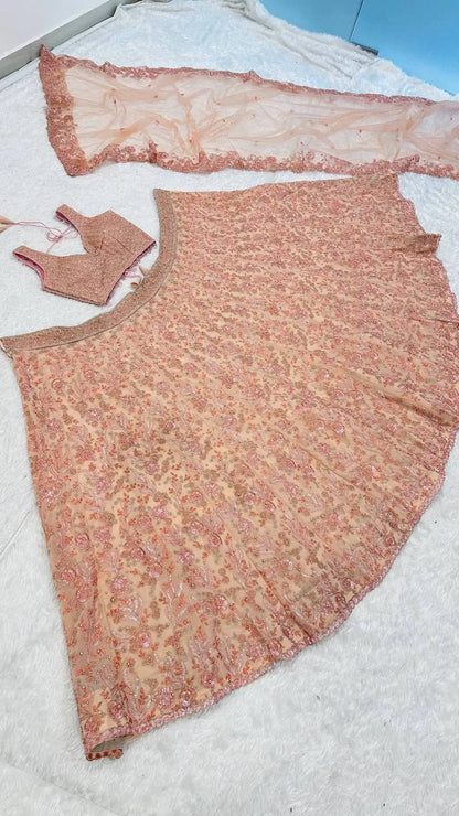 Peach Georgette Lehenga Choli With Embroidery & Pearl Beads Work