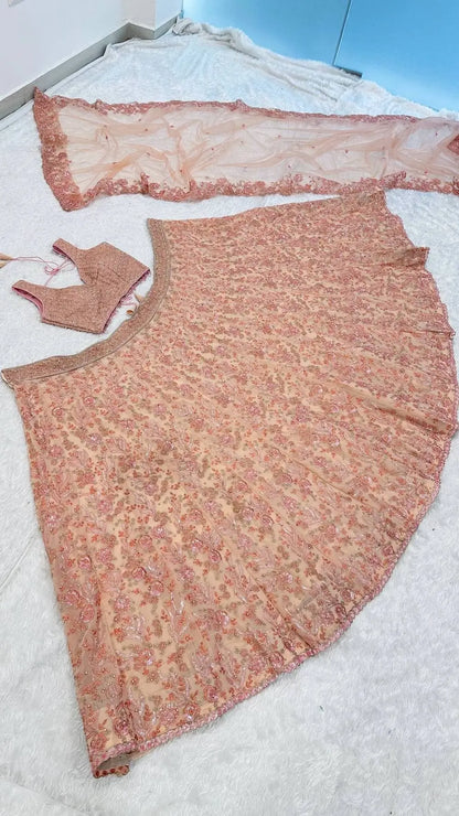 Peach Georgette Lehenga Choli With Embroidery & Pearl Beads Work