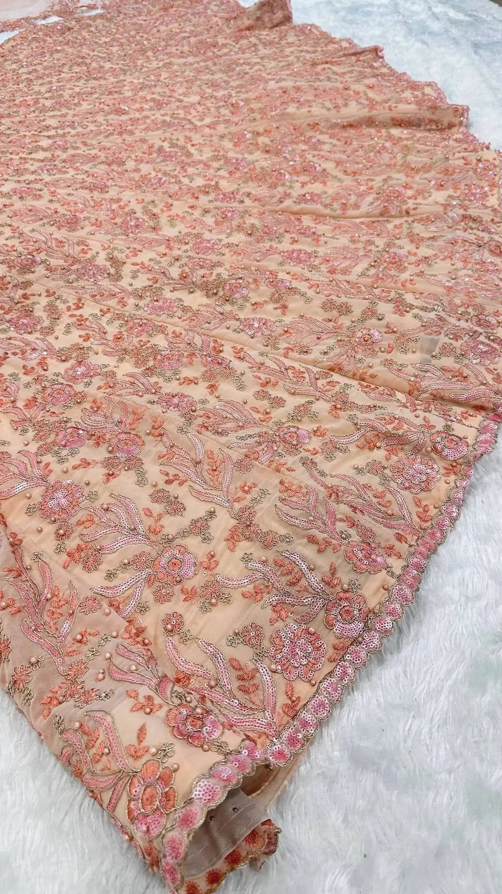 Peach Georgette Lehenga Choli With Embroidery & Pearl Beads Work