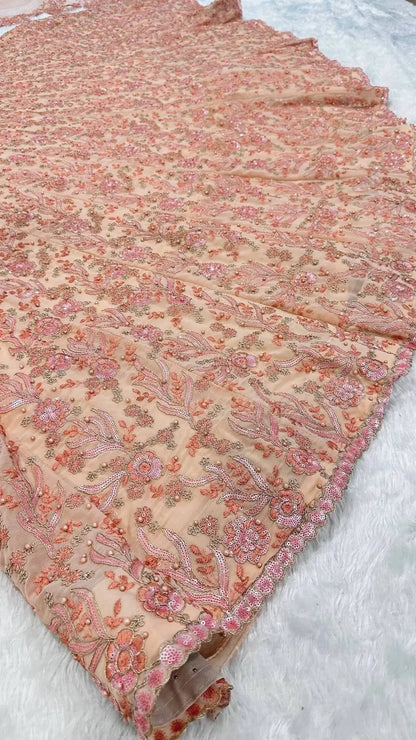 Peach Georgette Lehenga Choli With Embroidery & Pearl Beads Work