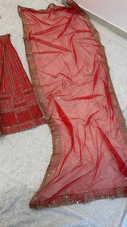 Crimson Red Satin Silk Embroidery Lehenga Choli