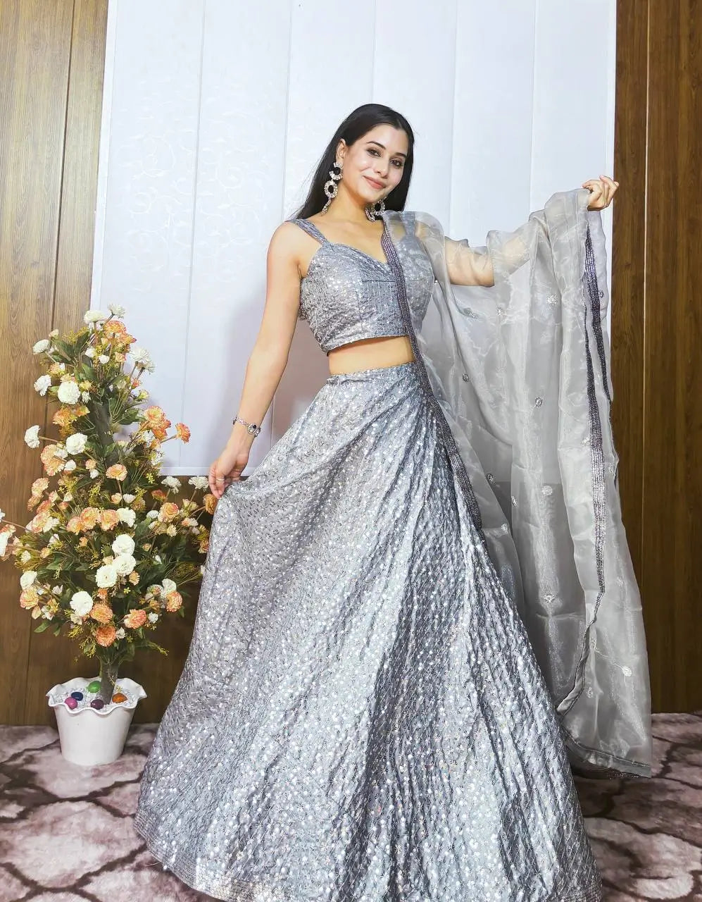 Silver Grey Kasturi Crepe Silk Sequence Embroidery Work Lehenga Choli