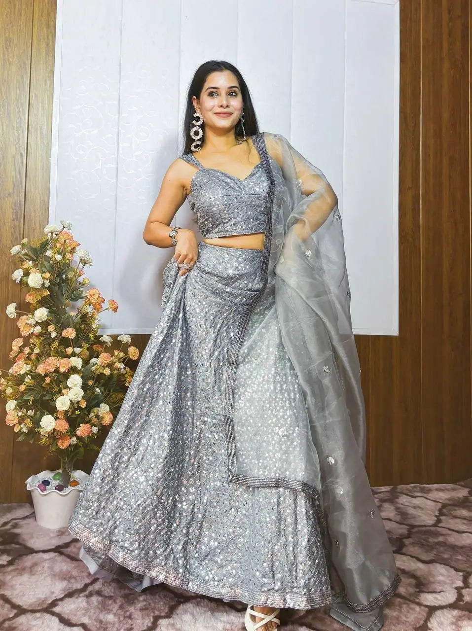 Silver Grey Kasturi Crepe Silk Sequence Embroidery Work Lehenga Choli
