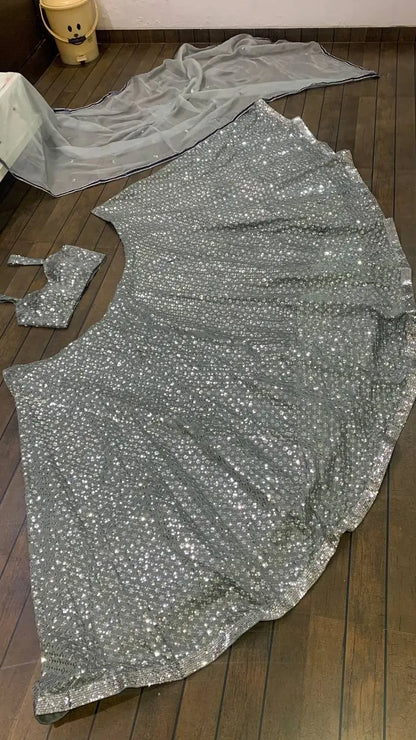 Silver Grey Kasturi Crepe Silk Sequence Embroidery Work Lehenga Choli
