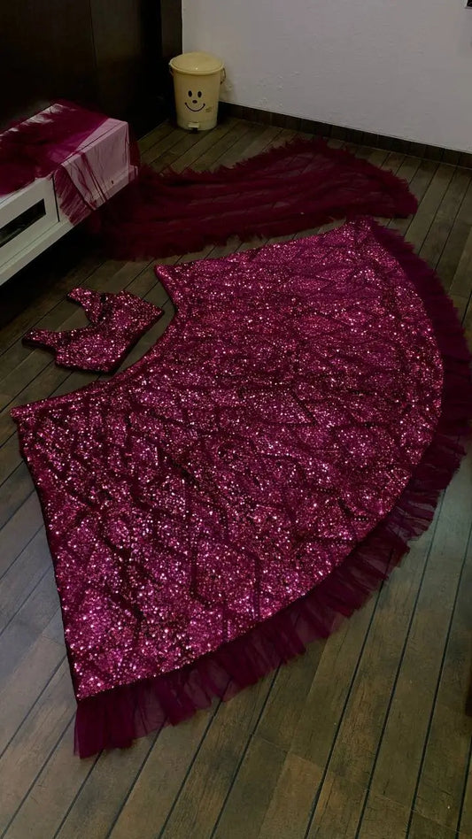 Wine Velvet Thread & Sequence Embroidery Work With Ruffle Border Lehenga Choli