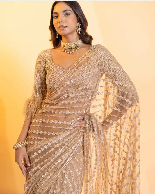 Beige Net Saree With Sequence & Thread Work