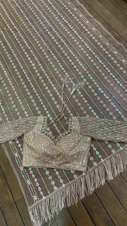 Beige Net Saree With Sequence & Thread Work