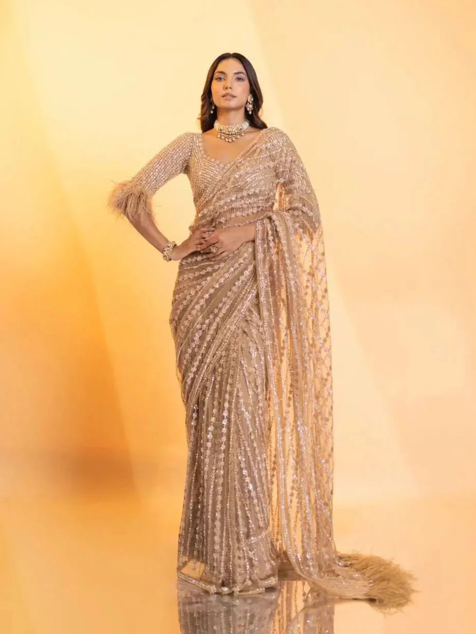 Beige Net Saree With Sequence & Thread Work