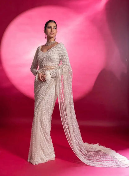 White Net Saree With Sequins & Thread Work