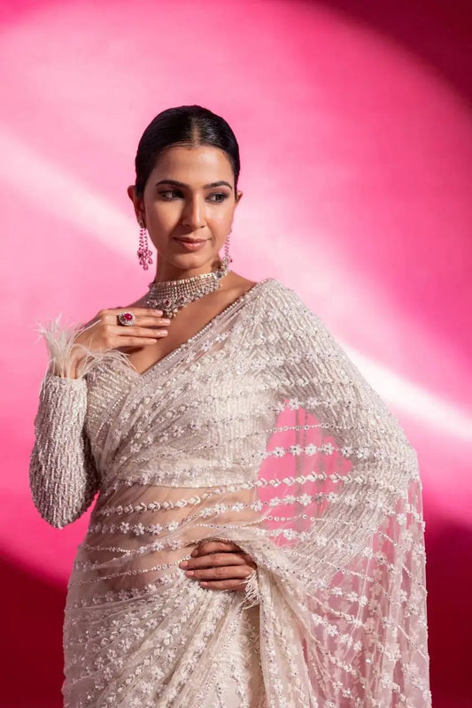 White Net Saree With Sequins & Thread Work