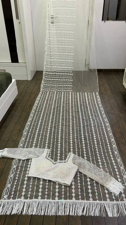 White Net Saree With Sequins & Thread Work