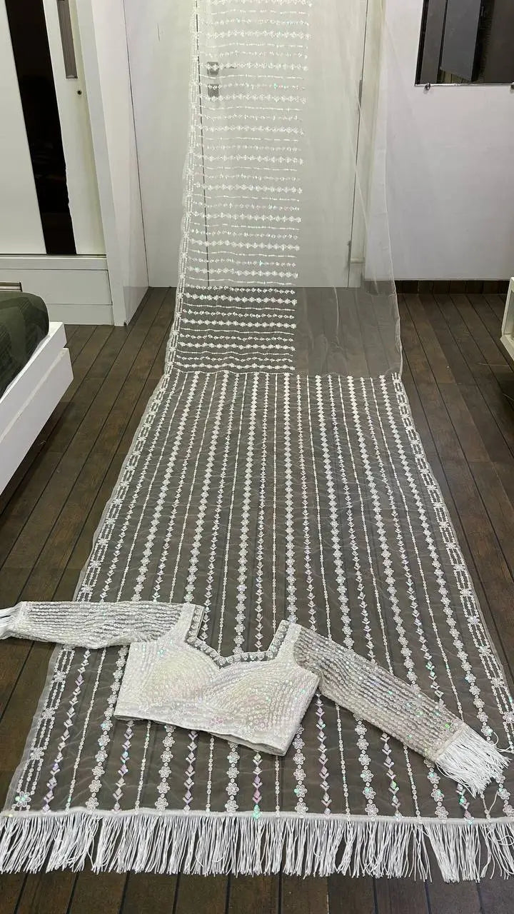 White Net Saree With Sequins & Thread Work