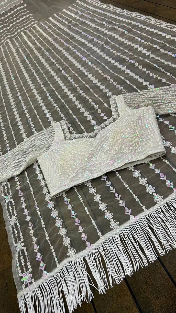White Net Saree With Sequins & Thread Work