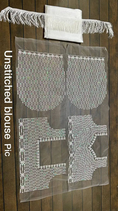 White Net Saree With Sequins & Thread Work