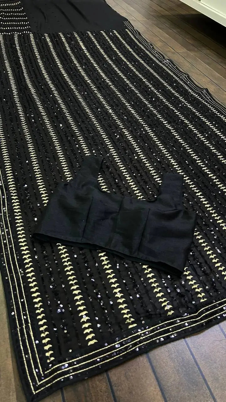 Black Georgette Saree With Sequins & Zari Work