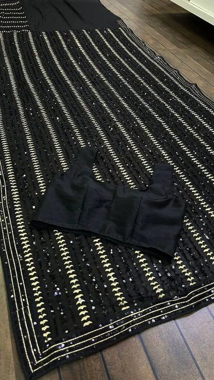 Black Georgette Saree With Sequins & Zari Work