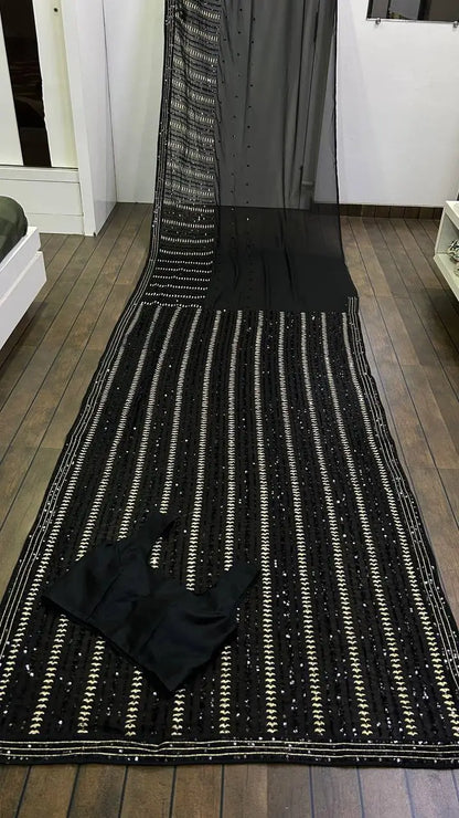 Black Georgette Saree With Sequins & Zari Work