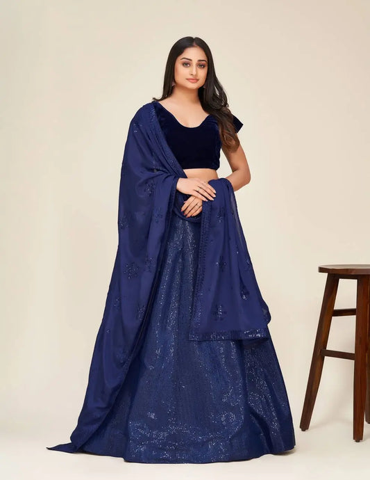 Dark Blue Tapeta Silk Sequence Embroidery Work Lehenga Choli