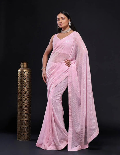 Light Pink Georgette saree With Rainbow Sequins Embroidery Work