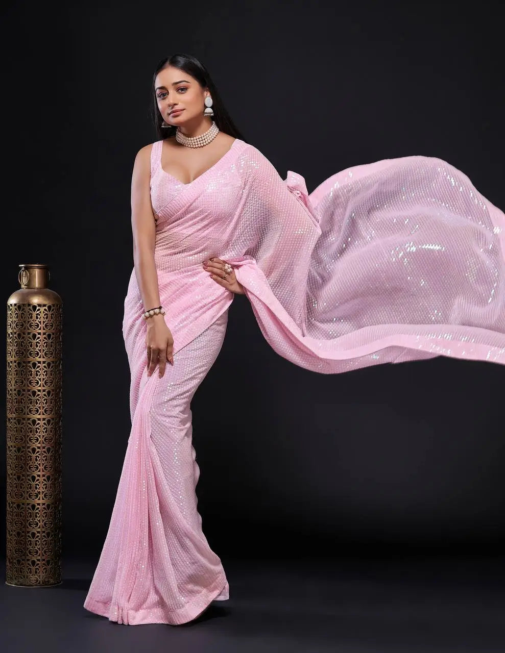 Light Pink Georgette saree With Rainbow Sequins Embroidery Work