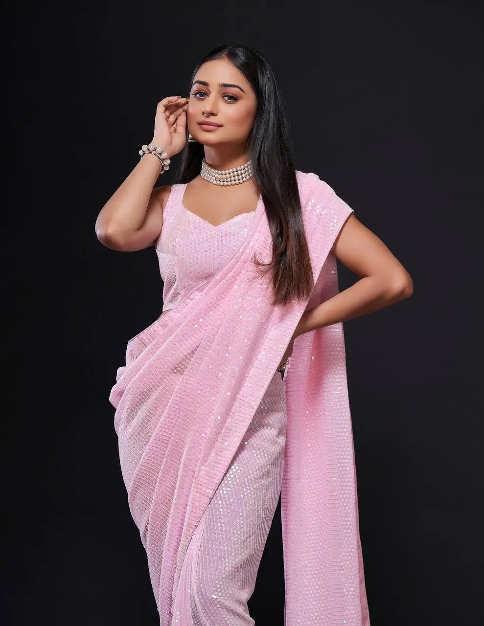 Light Pink Georgette saree With Rainbow Sequins Embroidery Work