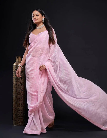 Light Pink Georgette saree With Rainbow Sequins Embroidery Work