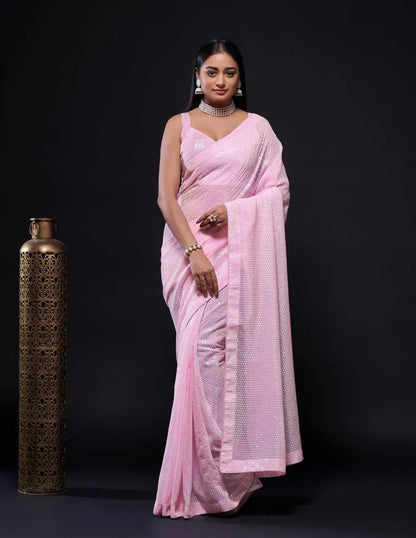 Light Pink Georgette saree With Rainbow Sequins Embroidery Work