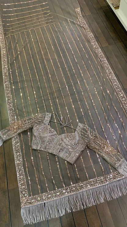 Dark Beige Net Saree With Sequins, Dori & Zari Work